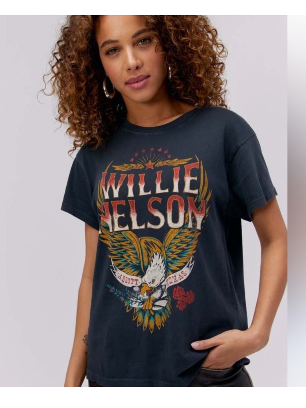 Daydreamer Black Willie Nelson Graphic Tee with Multi-Color Eagle Print